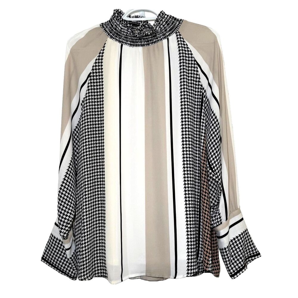 Donna Karan New York Blouse Womens L Mock Neck Houndstooth Stripe Long Sleeve